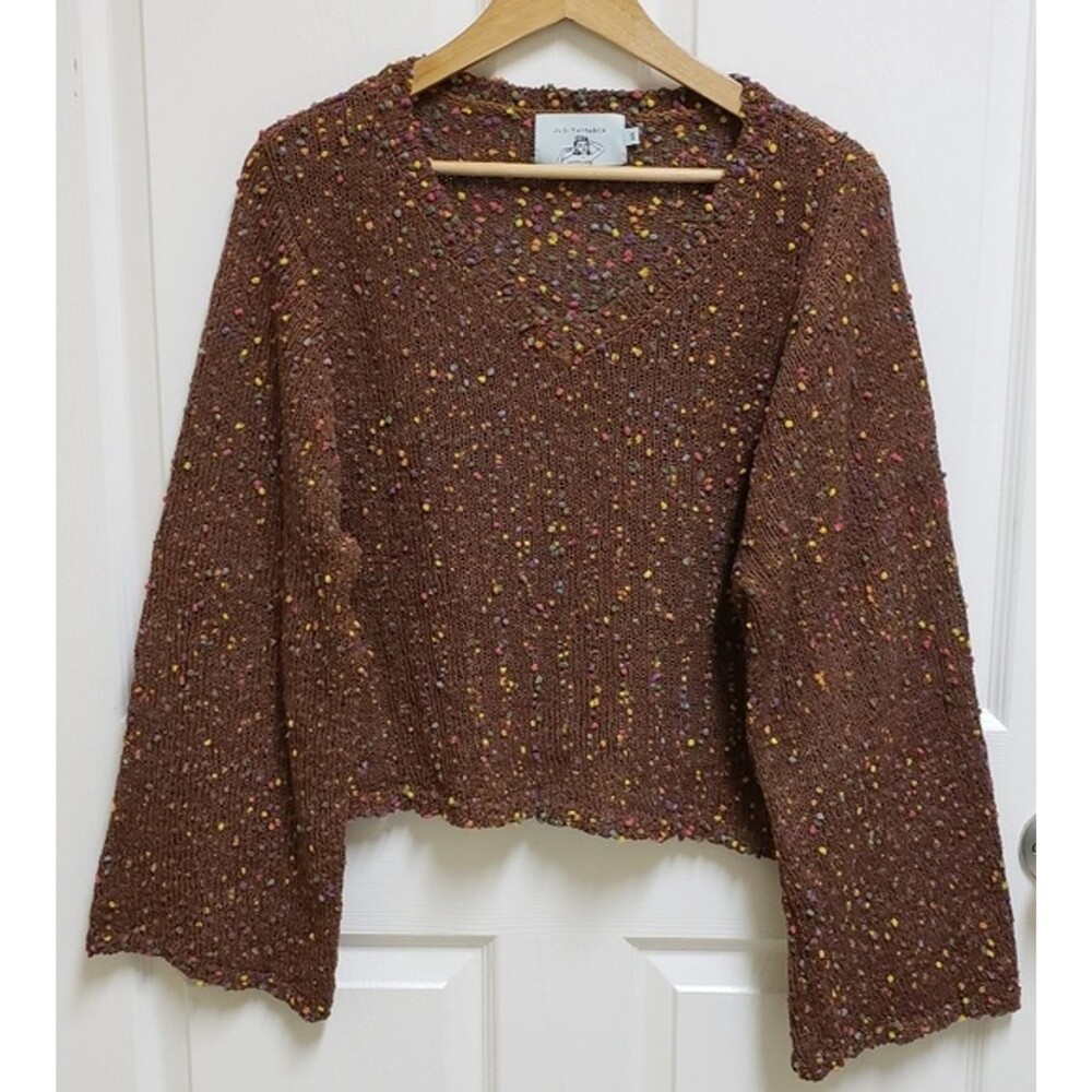 Judith March Brown Multicolor Boucle Crop V Neck Wide Slv Sweater Womens S Boho